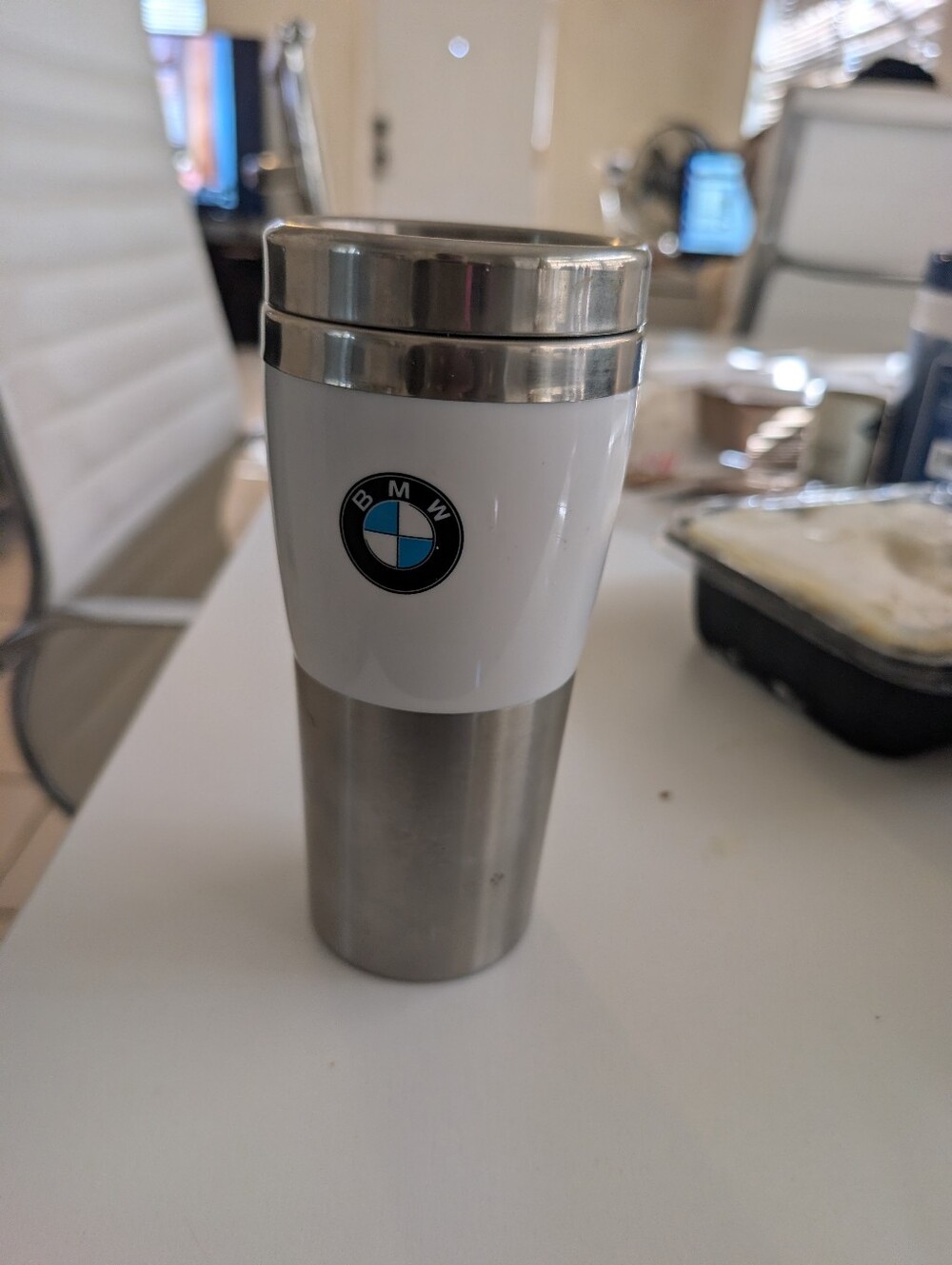 BMW Stainless Steel & White Travel Mug - Insulated Car Cup Tumbler